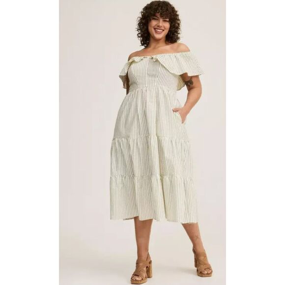 TORRID Tiered Midaxi Smocked Seersucker Off-Shoulder Boho Cottage Dress Size 5X - Picture 1 of 12